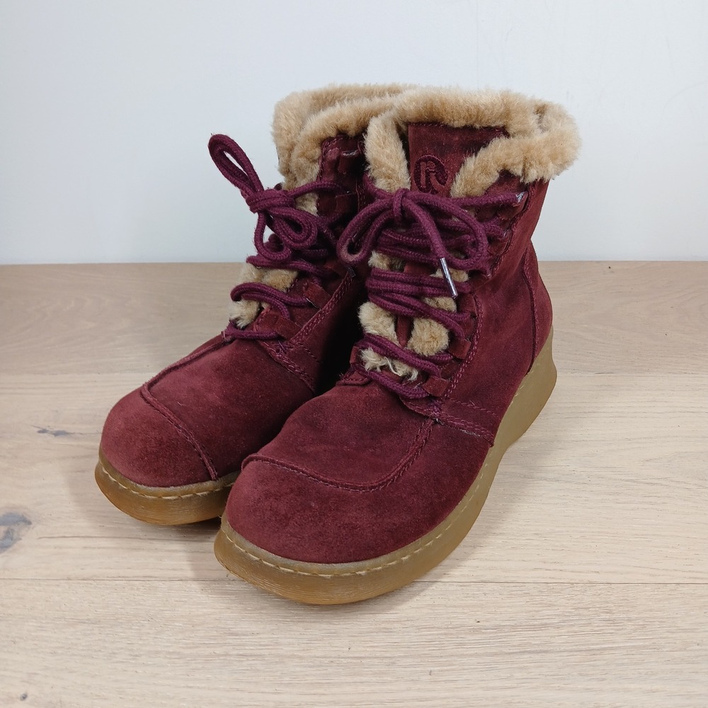 Report Womens Burgundy Suede Faux Fur Trim Lace Up Wedge Ankle Boots